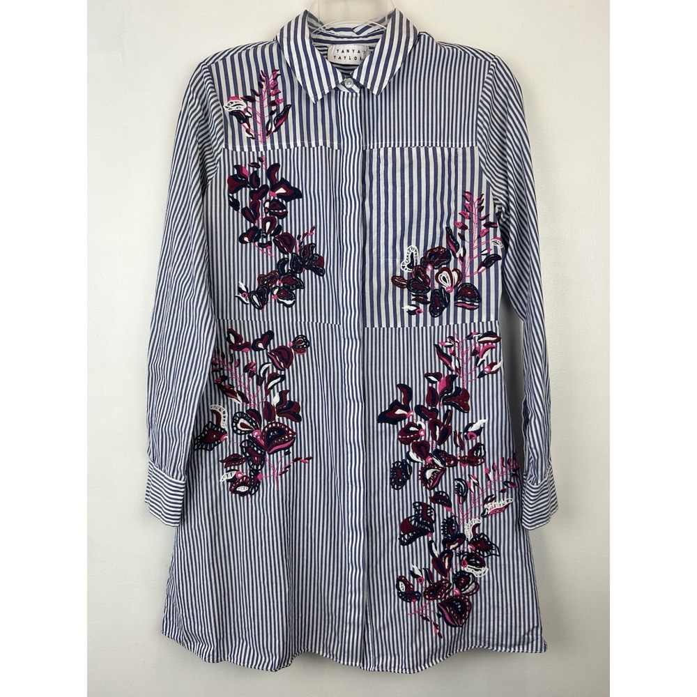 Tanya Taylor Shirt Dress Womens2 Embroidered Striped Floral Preppy Nautical Read